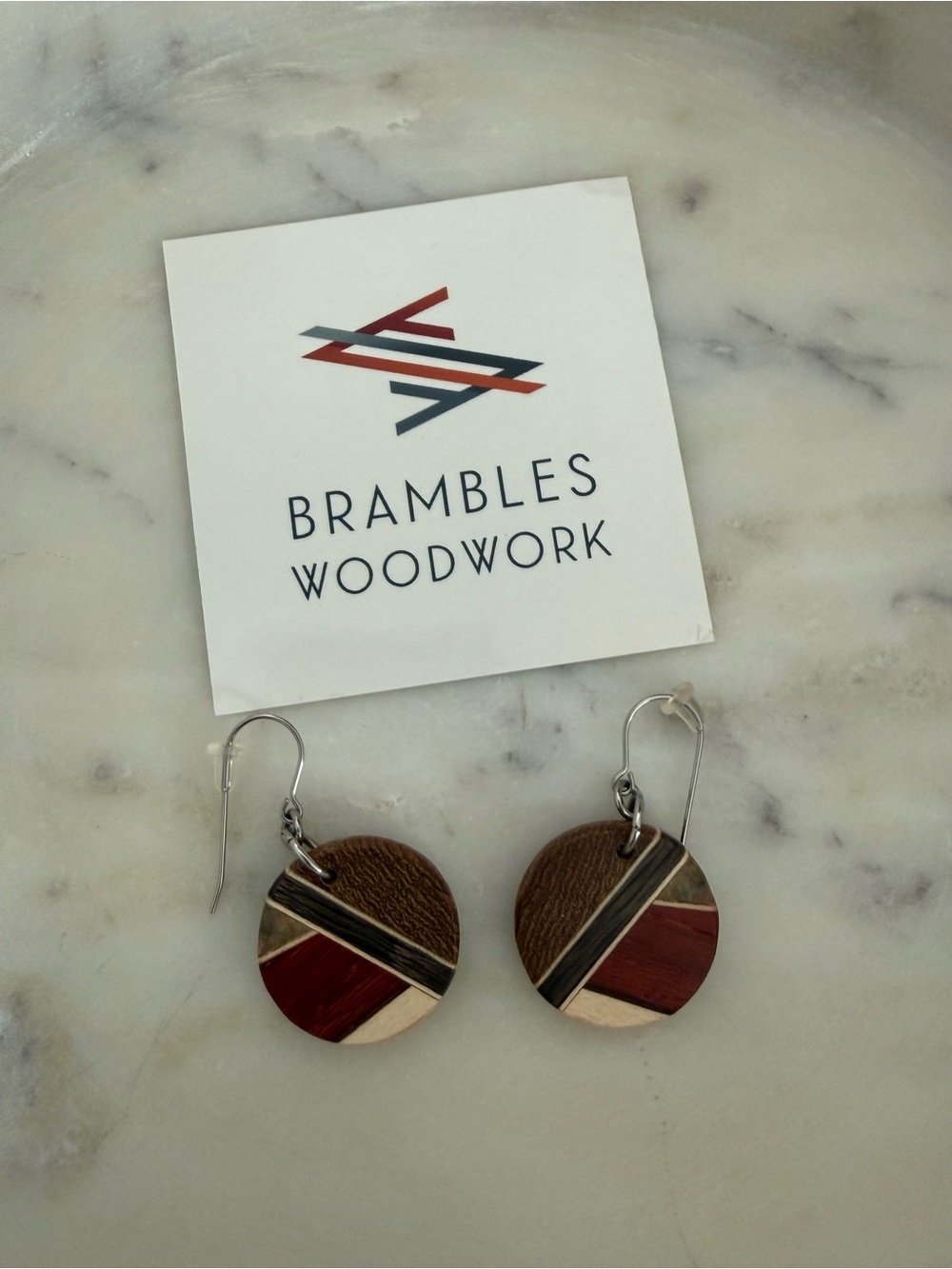Brambles Woodwork Handmade Wood Inlay Geometric Disc Earrings Padauk Redwood